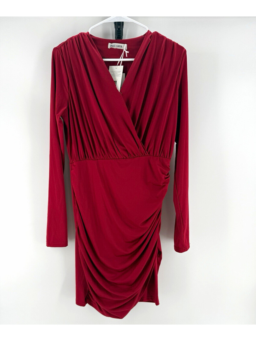 Grace Karin Womens Red V-Neck Long Sleeve Ruched Bodycon Mini Dress M Party